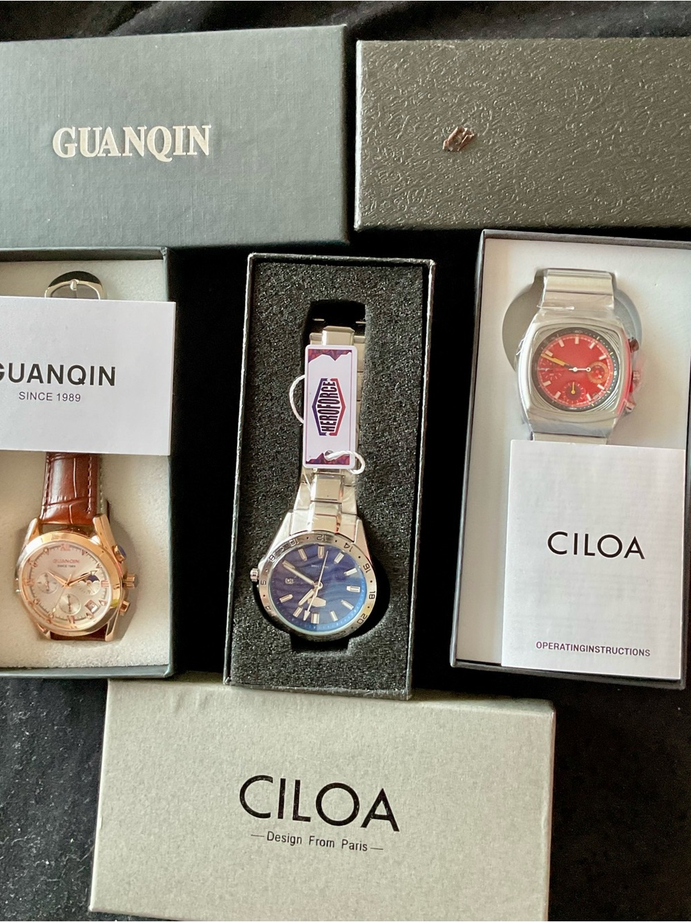 3 NIB Colorful Watches Ciloa Chronograph Guanqin Multifunction Heroforce GMT